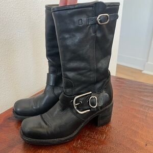 Alberto Fermani Buckled Moto Goth Western Square Toe Black Leather Boots sz 35